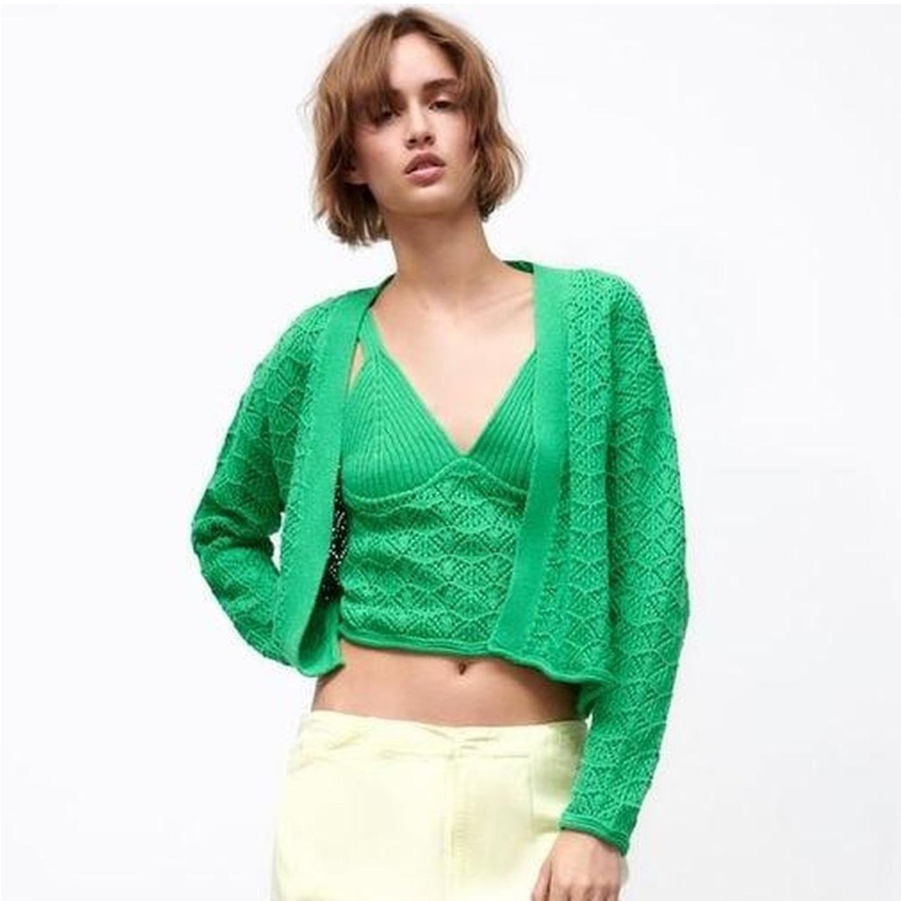 374 Zara Bright Green Knit Cardigan S Cropped Open Front Lightweight Spring